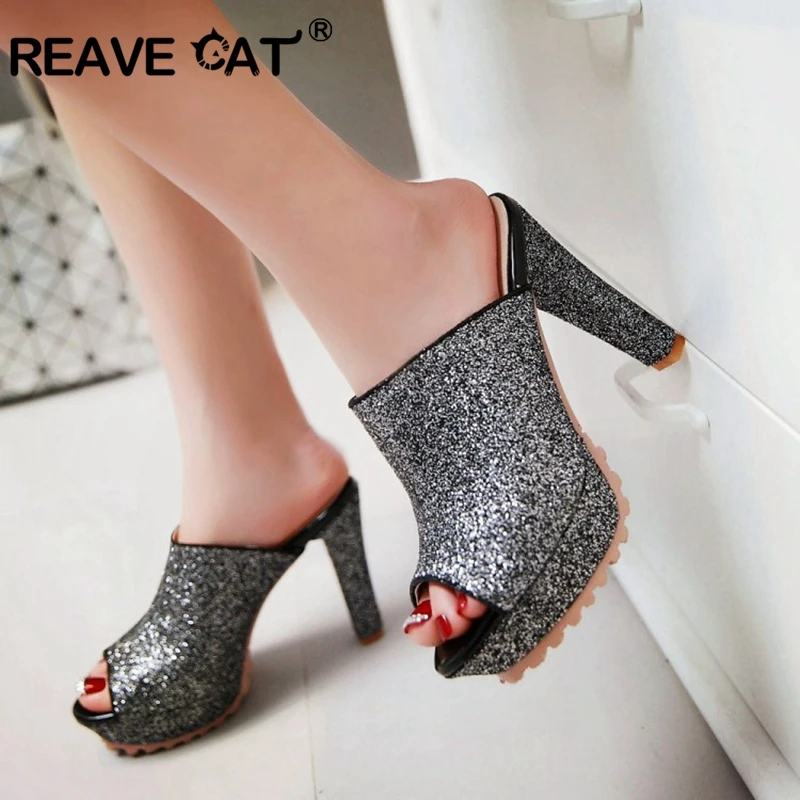 ?? 奪う猫ウォメスリッパ Platfrom ハイヒールスライドミュール結婚式のピープトウシルバーブラックブリンブリンブライダル靴ナイトクラブ A1172