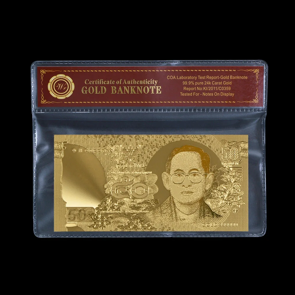 Металлическая тайская Золотая банкнота 50 батов Банкнота не циркулирует в COA Sleeve |