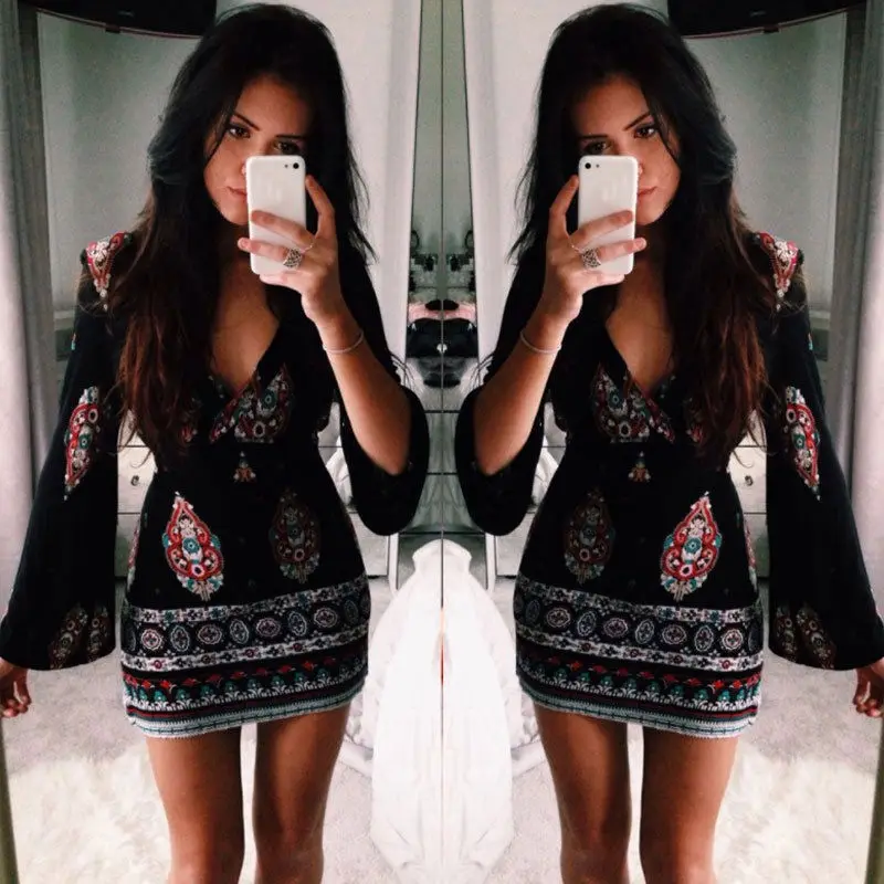 Платье мини женское летнее с длинным рукавом V образным вырезом и принтом|Женские