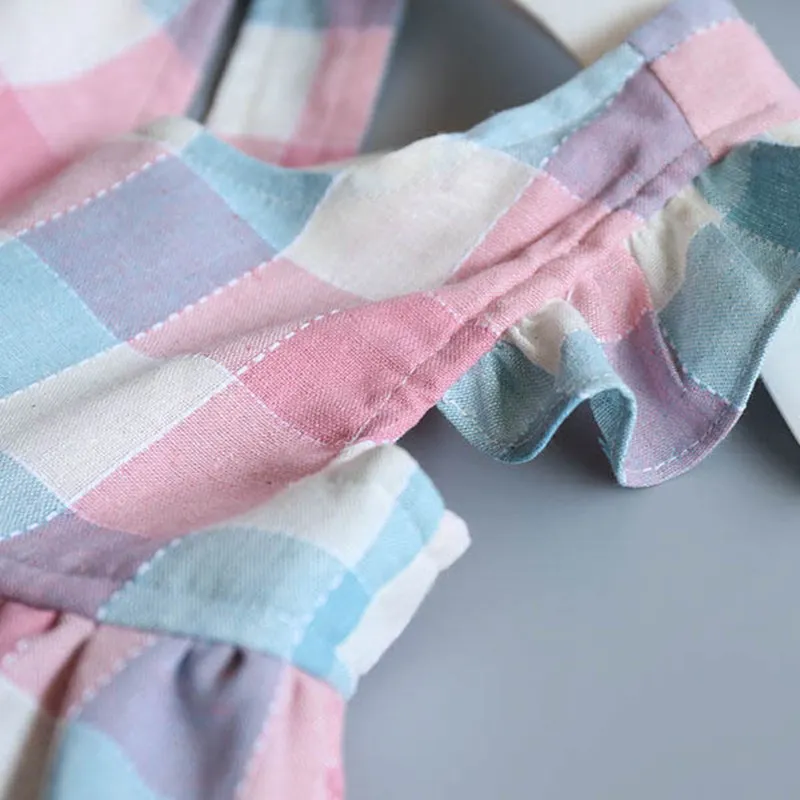 Baby Girls Dress Plaid Pattern Petal Sleeveless A-line Backless Kids Casual Linen Clothing Button Behind Fashion Clothes | Детская