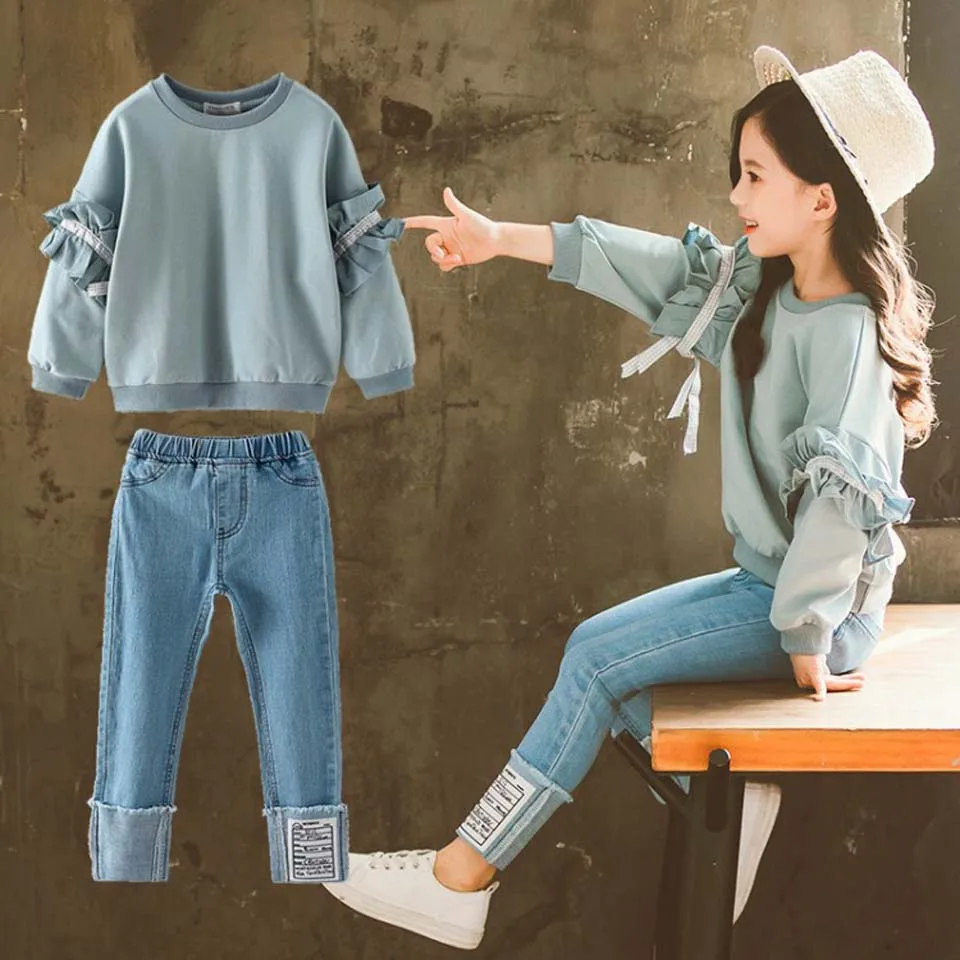 

2019 Girls Clothing Sets Autumn Long Sleeve T-shirt+Jeans Pants Clothes Suit Children's Fashion Suits Kids Set 6 8 10 Years