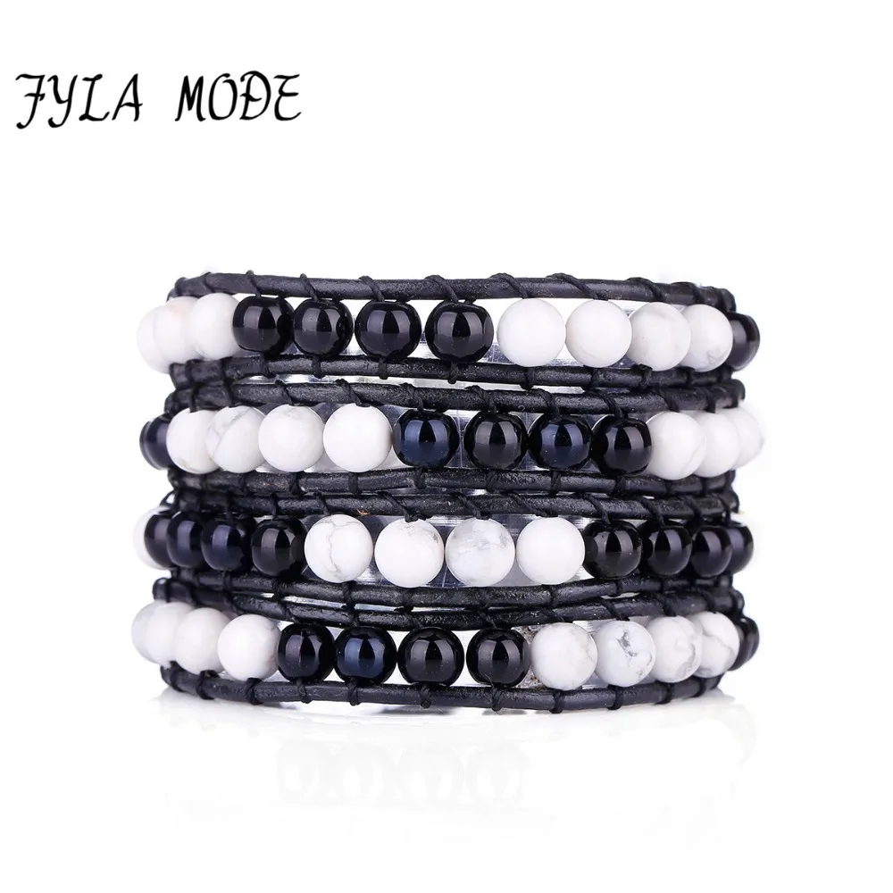 Многослойный браслет Fyla Mode 6 мм ассорти белый и черный оникс говлит с узлом