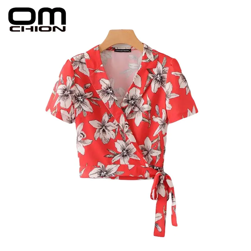 OMCHION Blusa Feminina лето 2018 В шеи Цветочный принт с бантом Рубашка нерегулярные короткий