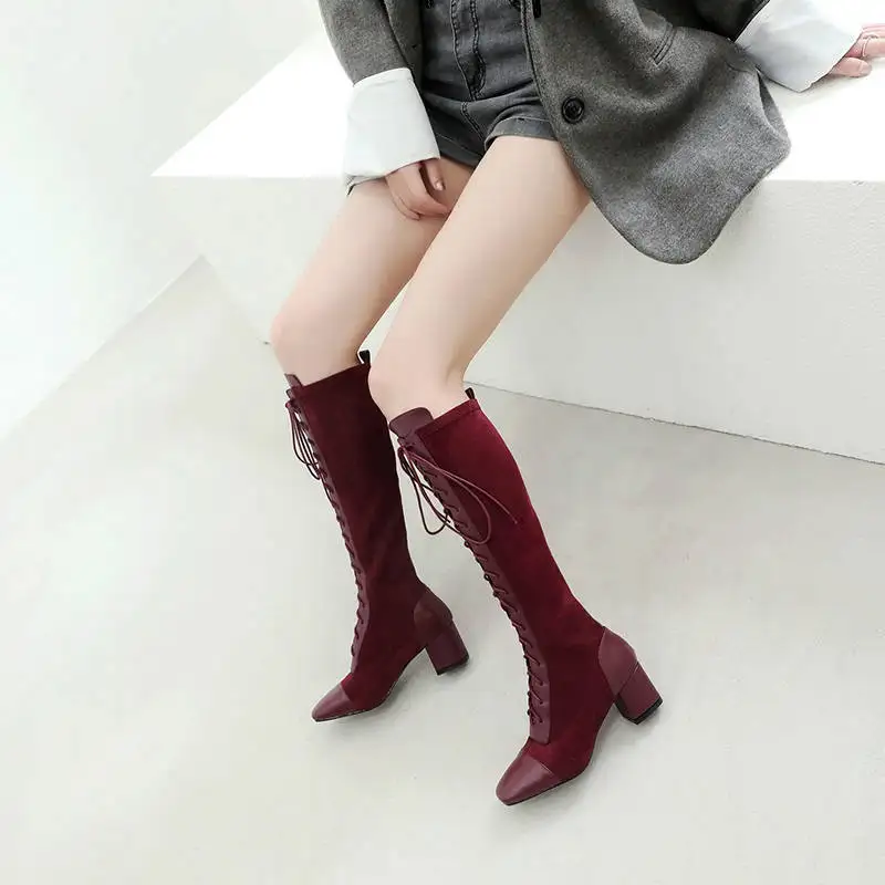 MORAZORA/; сапоги до колена из коровьей кожи; женские модные сапоги на шнуровке с квадратным носком; осенние сапоги на высоком каблуке; элегантная модельная обувь