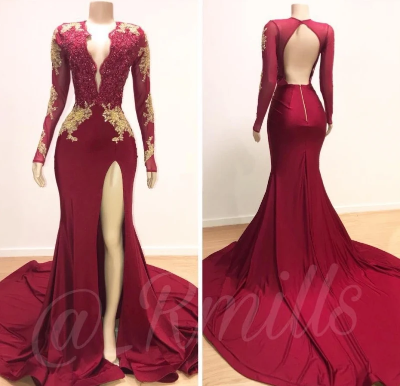 

Dark Red Sexy Mermaid Prom Dresses 2020 V Neck Long Sleeves Appliques Beaded Special Occasion Dresses Formal Evening Dresses