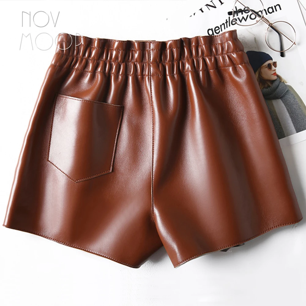 2019 autumn culottes elastic waist genuine leather skirt with button and pocket decor gonna in vera pelle LT2781