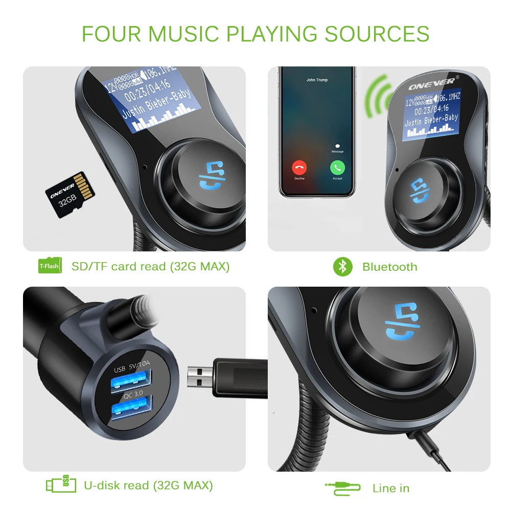 Onever QC 3 0 USB зарядное устройство с двумя портами Bluetooth FM-передатчик автомобильный