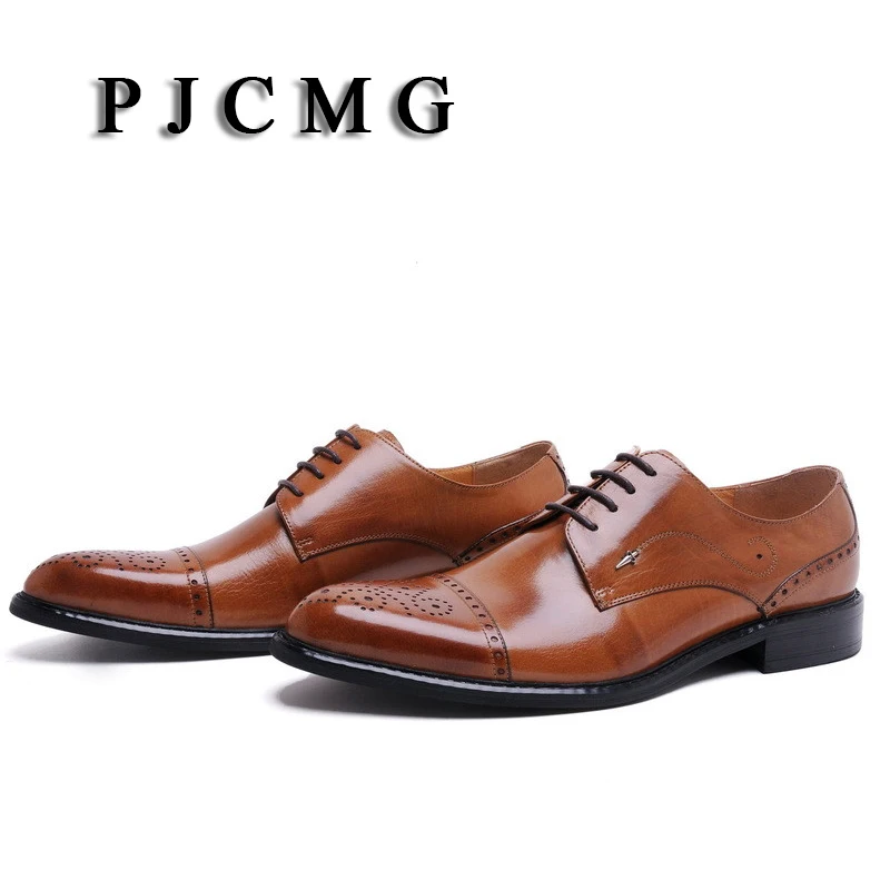 PJCMG New Fashion Men's Carved Genuine Leather Brogue Oxford Bullock Flats Vintage Lace Up Casual Business Gentle Dress Shoes | Обувь