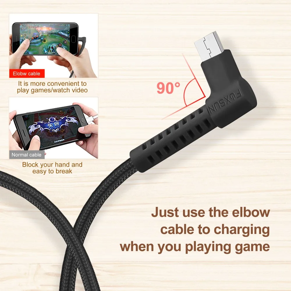 Micro USB кабель Foxsun под прямым углом 90 градусов зарядный Android плетеные кабели для