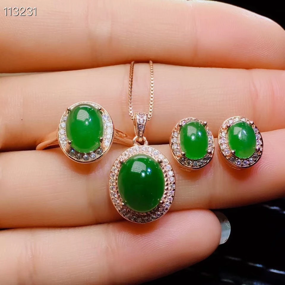 

S925 серебро натуральное зеленое кольцо из яшмы, кулон, серьги, натуральный драгоценный камень, ювелирный набор, прекрасный круглый подарок д...