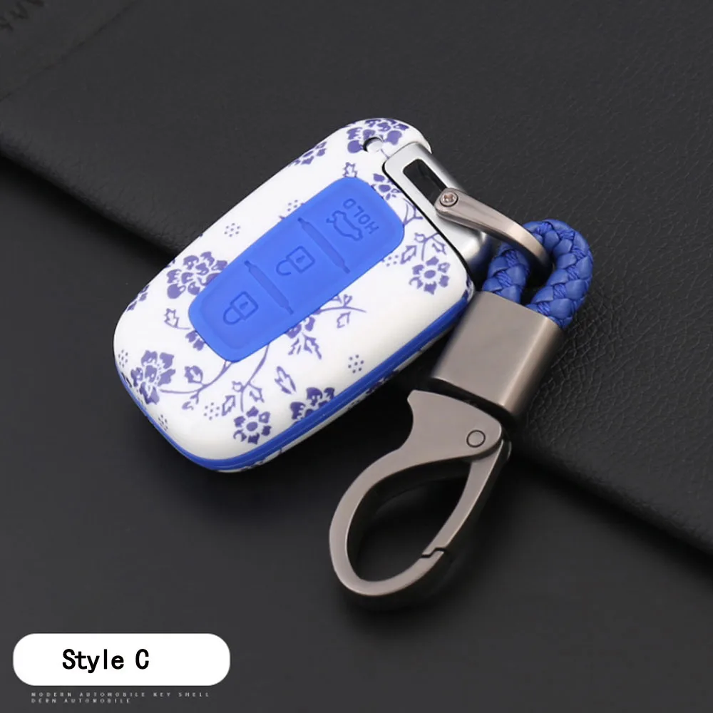 Blue white porcelain Оболочка из углеродного волокна+ силиконовый чехол для ключей от машины чехол для hyundai Equus Genesis Veloster KIA Sportage Forte Optima Soul Azera Soren - Название цвета: Blue white porcelain