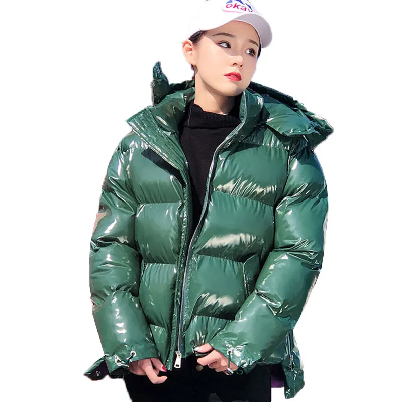 Dark green Модный короткий дизайнерский глянцевый женский пуховик, Зимняя парка, Женская водонепроницаемая Толстая теплая Свободная Женская зимняя куртка с капюшоном, 100 - Цвет: Dark green