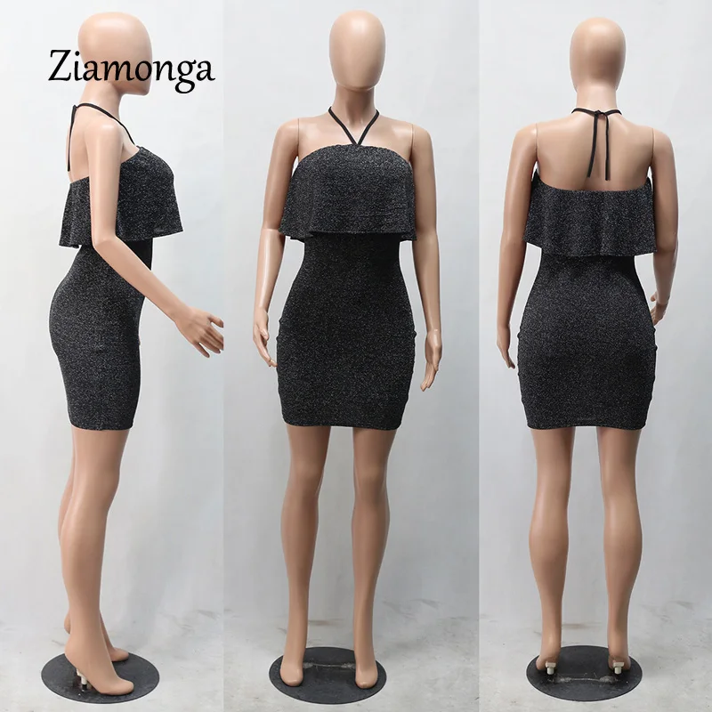 Женское мини платье Ziamonga черное летнее с вырезом на шее блестками и