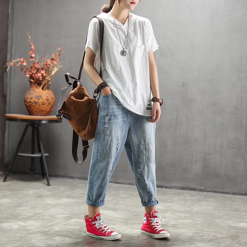 Винтажные Футболки с дырками мягкие футболки из бамбука и хлопка для женщин