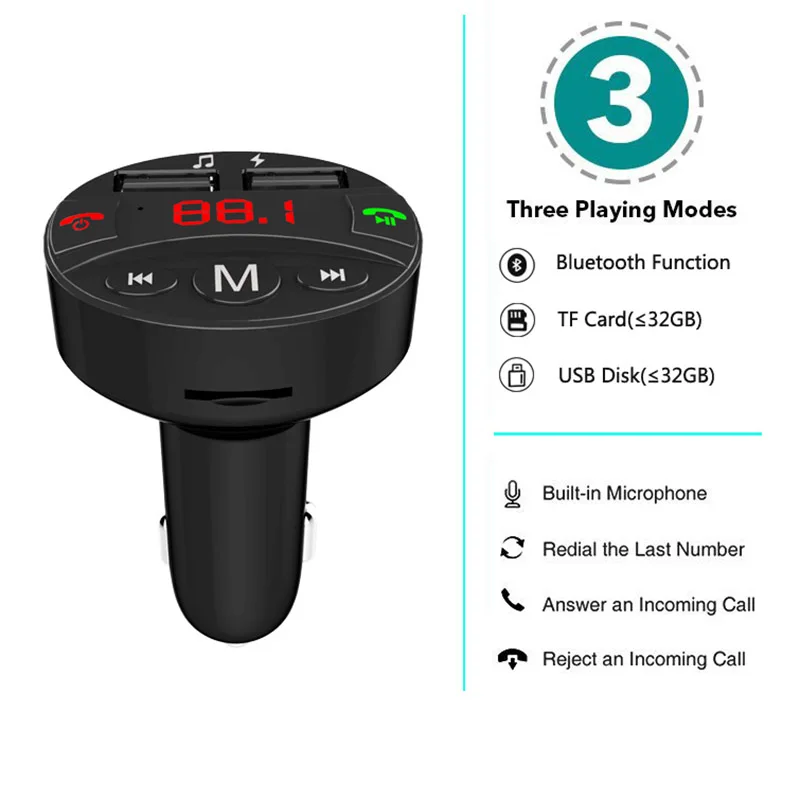 Handsfree Bluetooth Car Kit 5V 2.1A Wireless FM Transmitter QC 3.0 Dual USB Charger Audio MP3 Player With 32GB memory function | Автомобили
