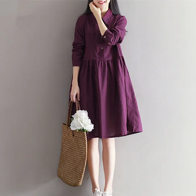 Женское платье трапеция из хлопка и льна с длинным рукавом|women autumn dress|a-line dressautumn