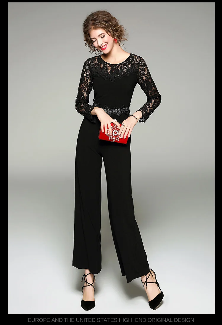 New Arrival 2017 Women's O Neck Long Sleeves Embroidery Lace Bodice Patchwork Fashion High Street Jumpsuits&ampRompers | Женская