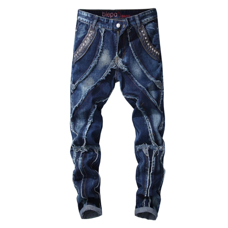Hot Sale Ripped Jeans for Men Fashion Rivet Casual Original Brand Designer Elastic Blue Denim Mens Clothes Plus Size | Мужская одежда