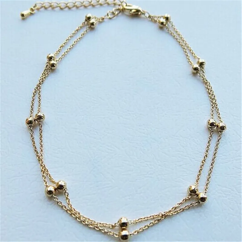 Женский позолоченный ножной браслет Двойная Цепочка из бусин на лодыжку
