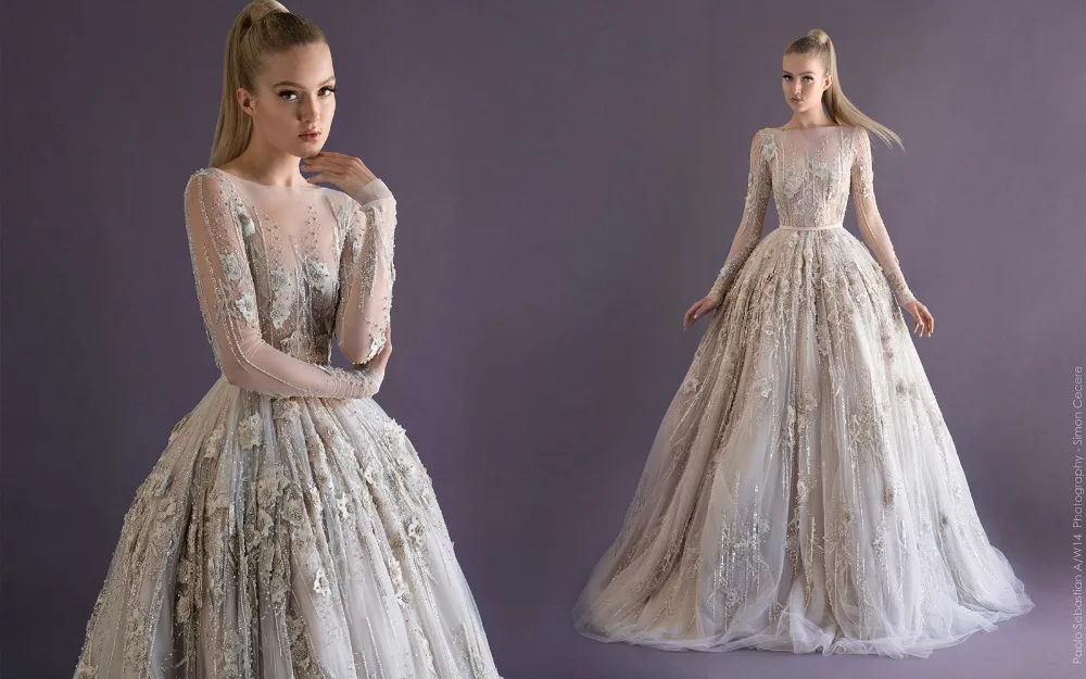 Illusion Long Sleeves Ball Gown Floral Appliques Sequins Modest Prom Party Gowns Beads Dress