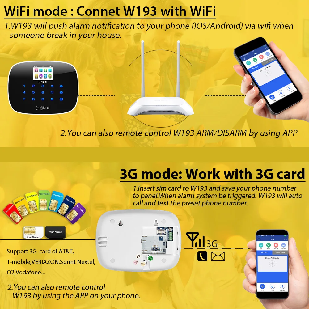 KERUI W193 беспроводной WCDMA 3g приложение дистанционное управление сенсорный экран Alarme WiFi PSTN GSM Умный дом Охранная сигнализация наборы систем