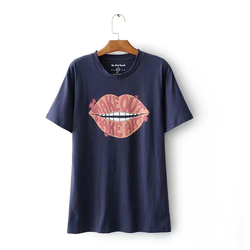 Забавный Kawaii Большой рот печати Футболка женские топ с короткими рукавами и