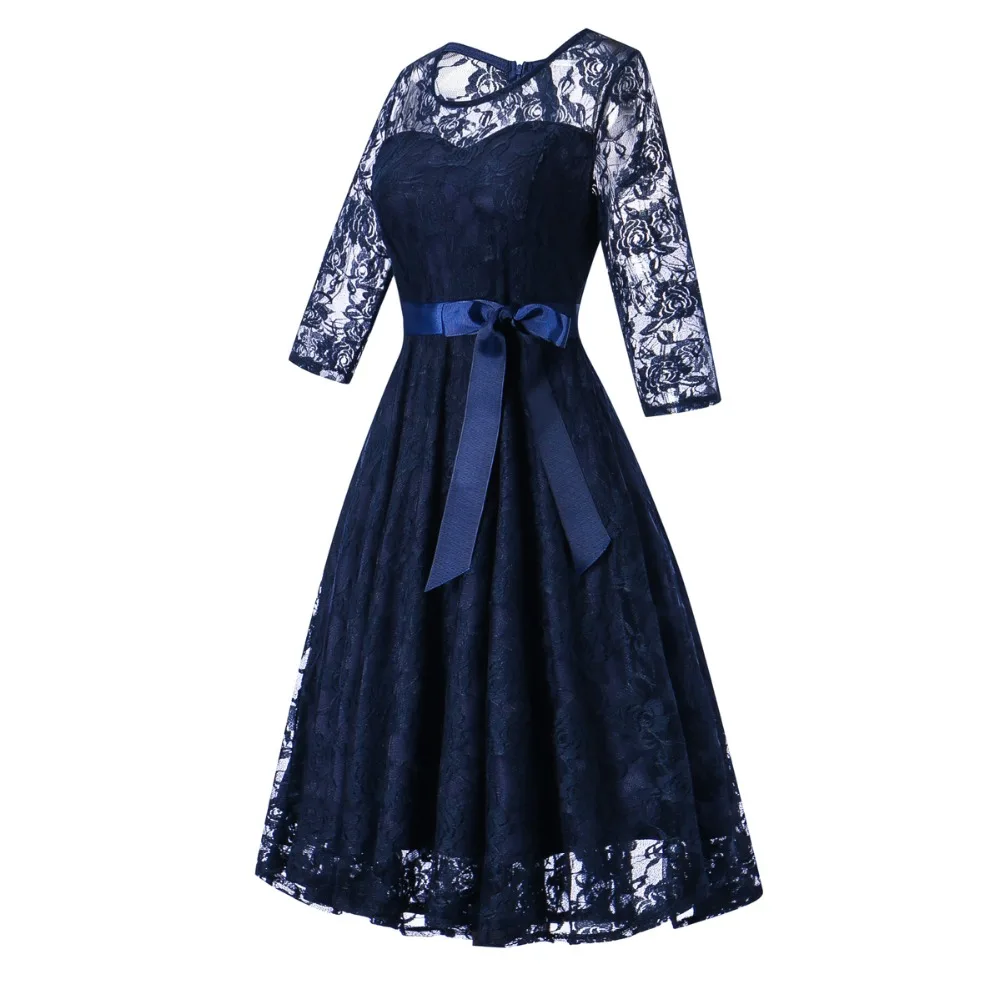 OML516l # короткие темно синие кружевные платья подружки невесты с круглым вырезом и