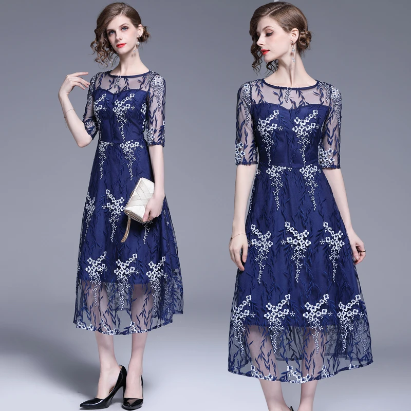 Новинка 2019 года весенне-летнее винтажное женское платье Сетчатое тонкое Вышитое