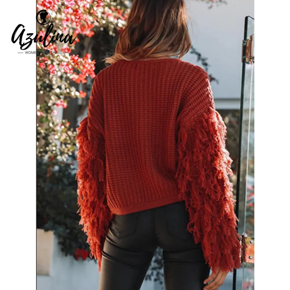 AZULINA Autumn Winter Women Pullover Sweater Round Collar Long Sleeve Fringed Solid Color Loose Sweaters Jumpers Ladies Clothes | Женская