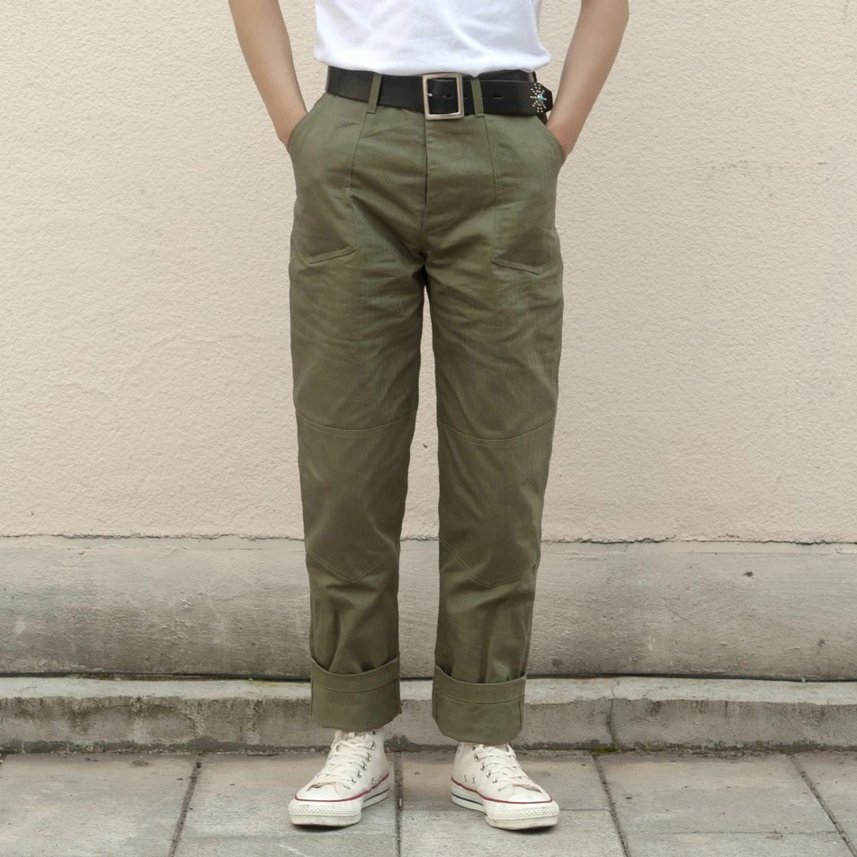 Herringbone Twill Military Trousers Retro 70s Men's Army Pants HBT Green Regular Fit