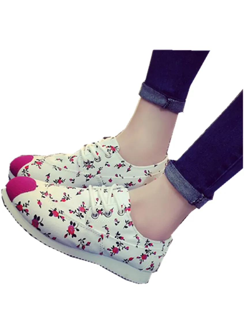 Женщин Печатных Цветок Круглый Носок Зашнуровать Холст Плоский Каблук Обувь