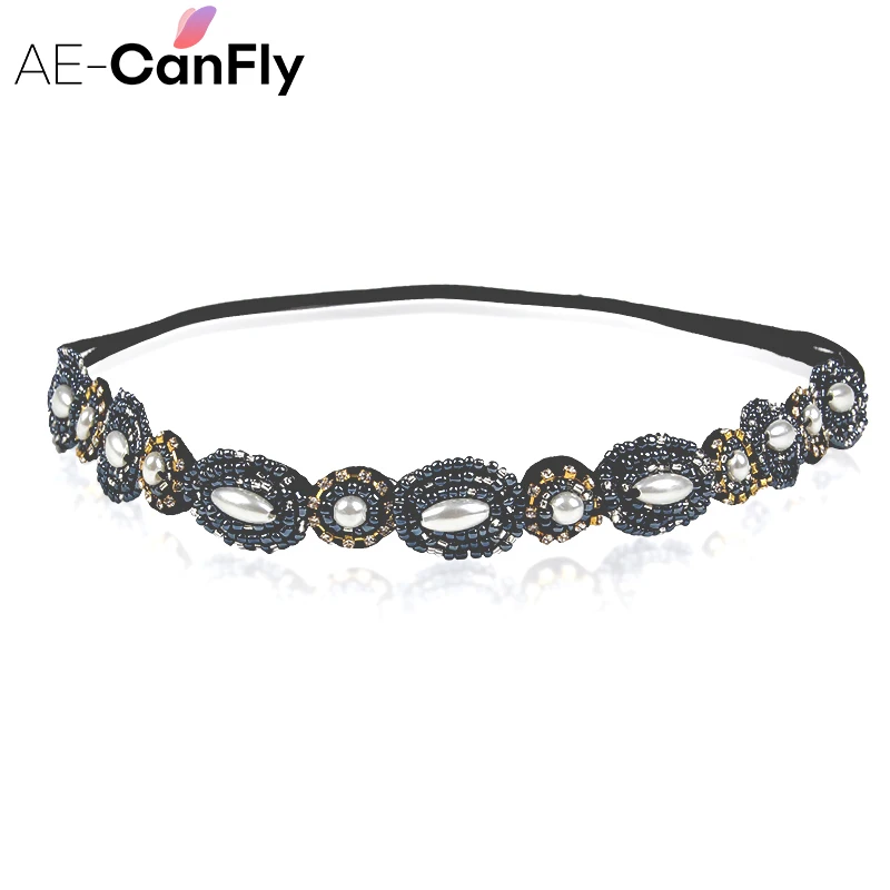 AE-CANFLY, винтажная Черная Королева, блестящие Кристальные бусины, эластичная повязка на голову, женские аксессуары для волос 1H5004