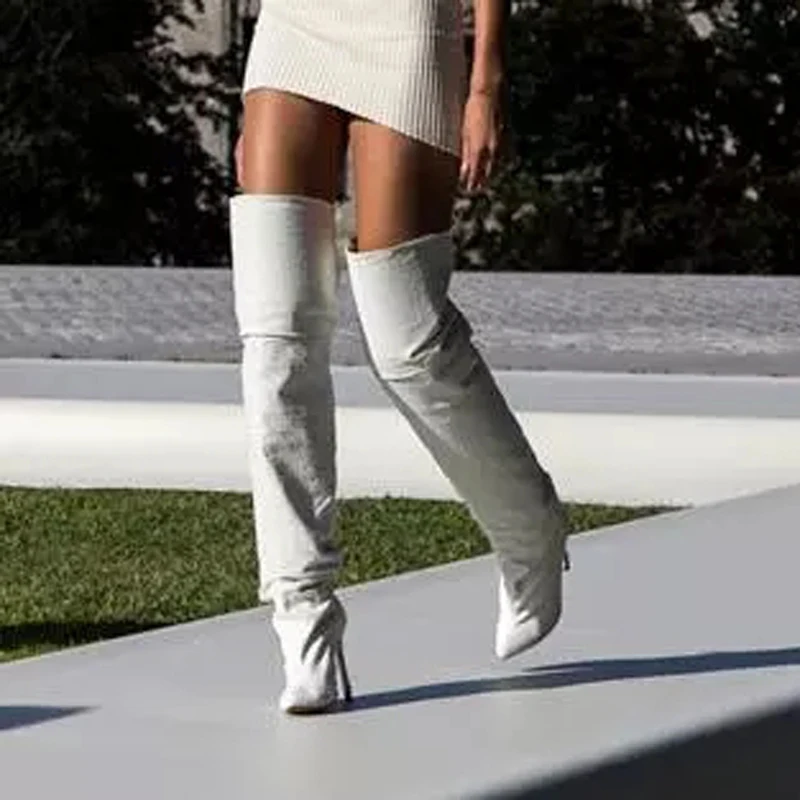 Spring Ladies Solid White Leather Thigh High Boots Women over knee Boots High Heel Gladiator Boots Female Zipper Dress Shoes
