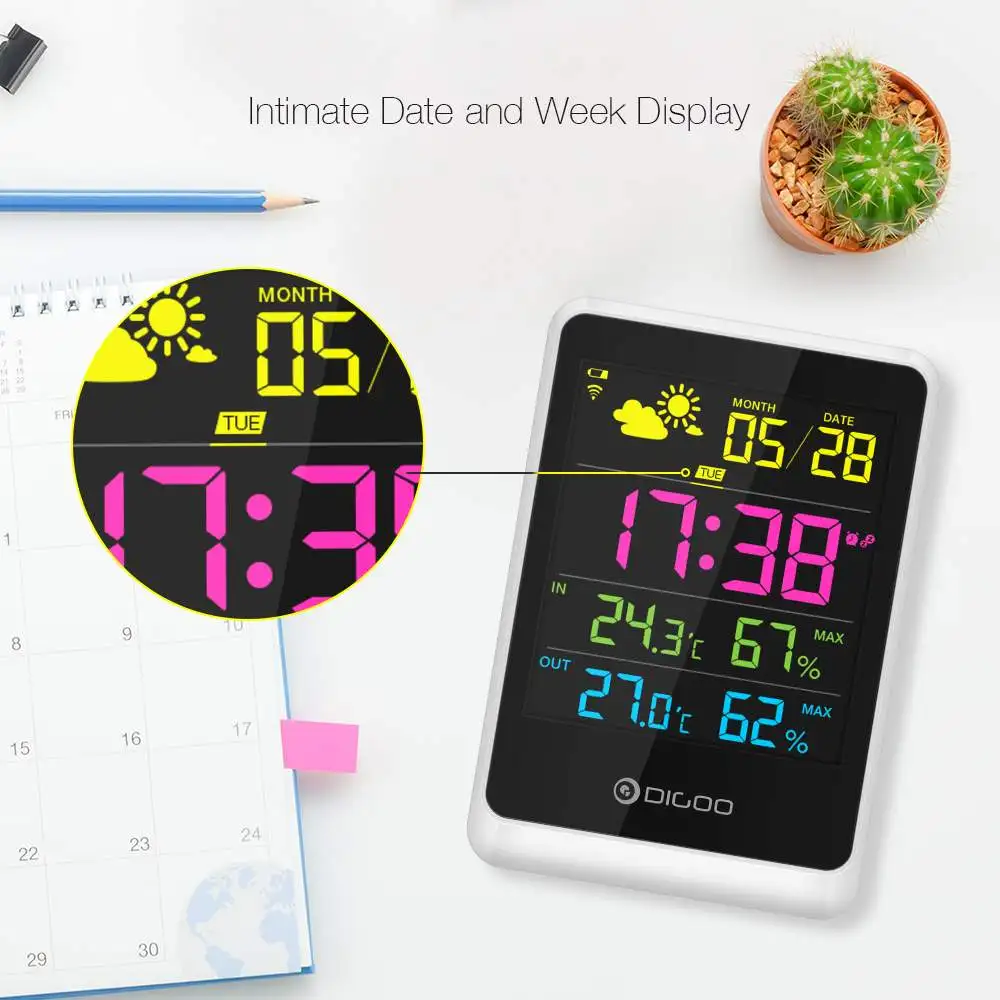 DIGOO DG-TH11200, метеостанция, ЖК-цифровой будильник, беспроводной датчик, для использования в помещении, термометр, гигрометр