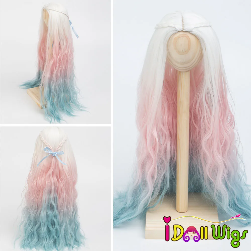 

High Quality Doll Hair Wigs Heat Resistant Wire White Pink Blue Ombre Color Wigs for BJD Doll
