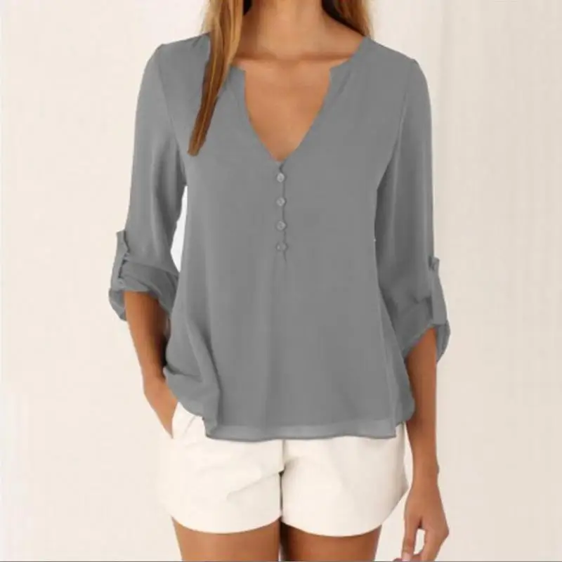 Женская шифоновая блузка с длинным рукавом и V-образным вырезом |