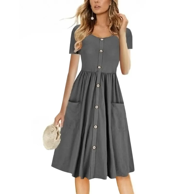 Женское Хлопковое платье до колена с круглым вырезом и коротким рукавом | Женская