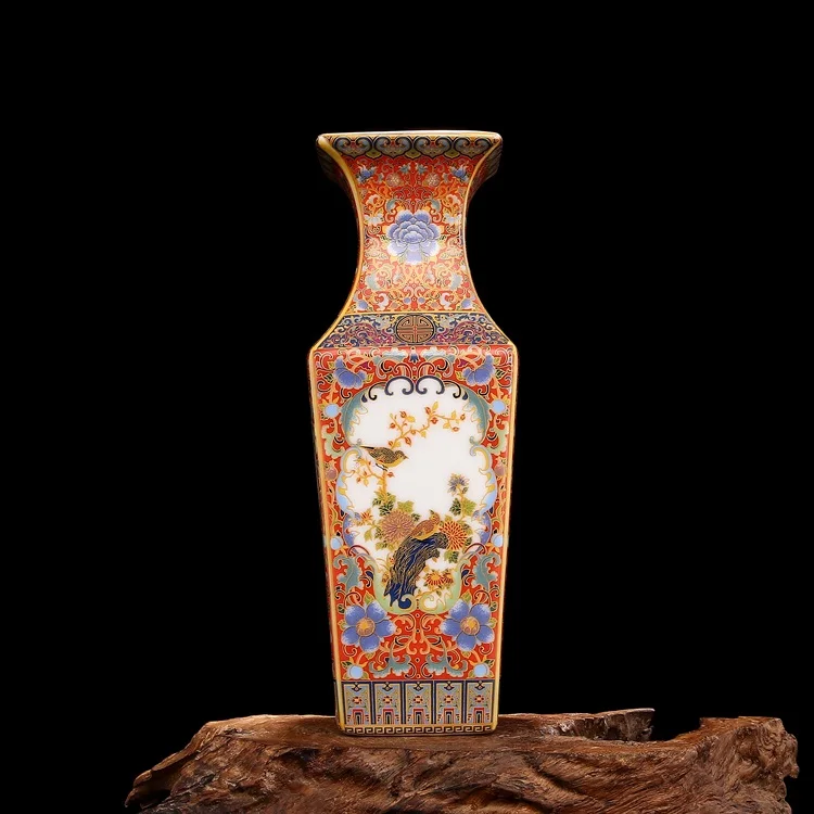 Qing Yong Zheng Античная керамическая ваза с эмалью позолоченная квадратная цветами и