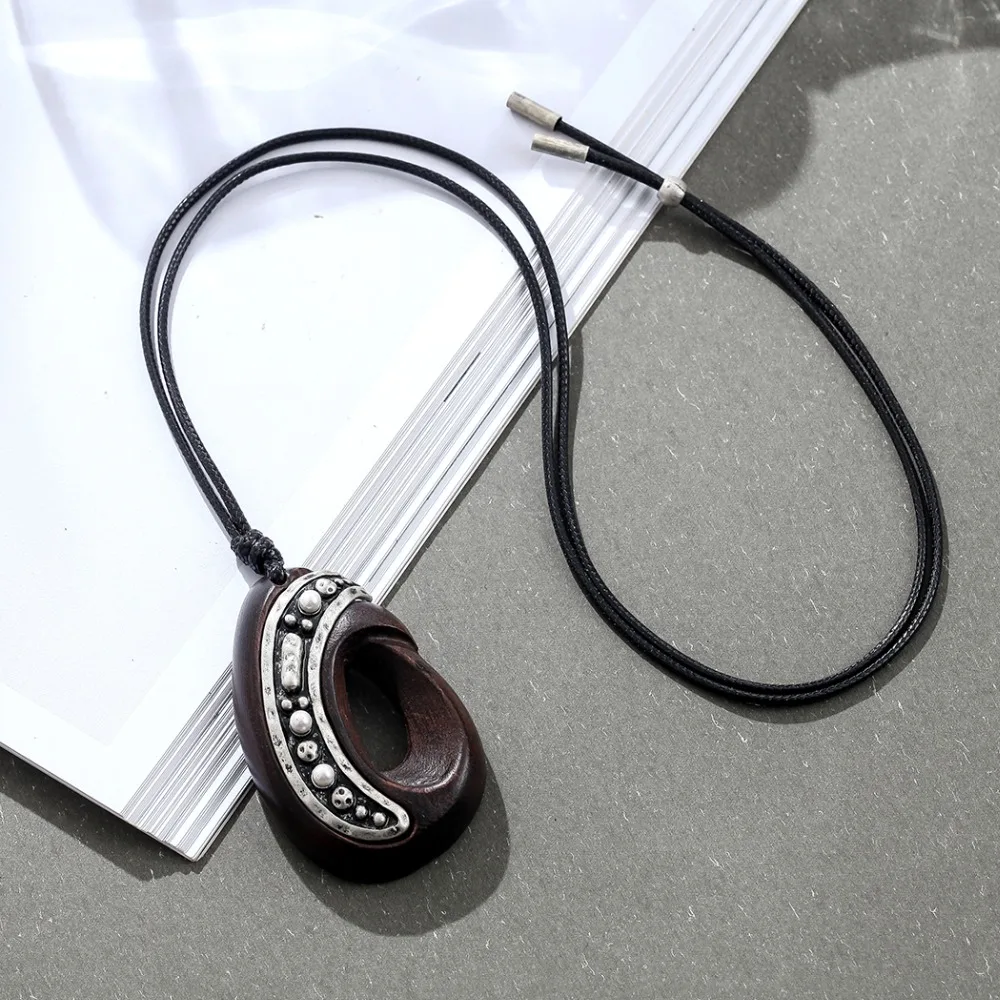 Черное длинное ожерелье для женщин подвеска из сандала винтажное и кулоны