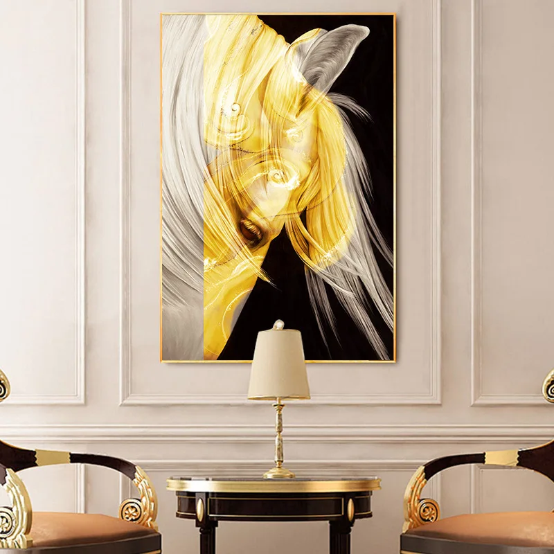 American Abstract Yellow Horse Head Modern Canvas Oil Painting Animal Poster Print Wall Pictures Room Background Decoration | Дом и сад