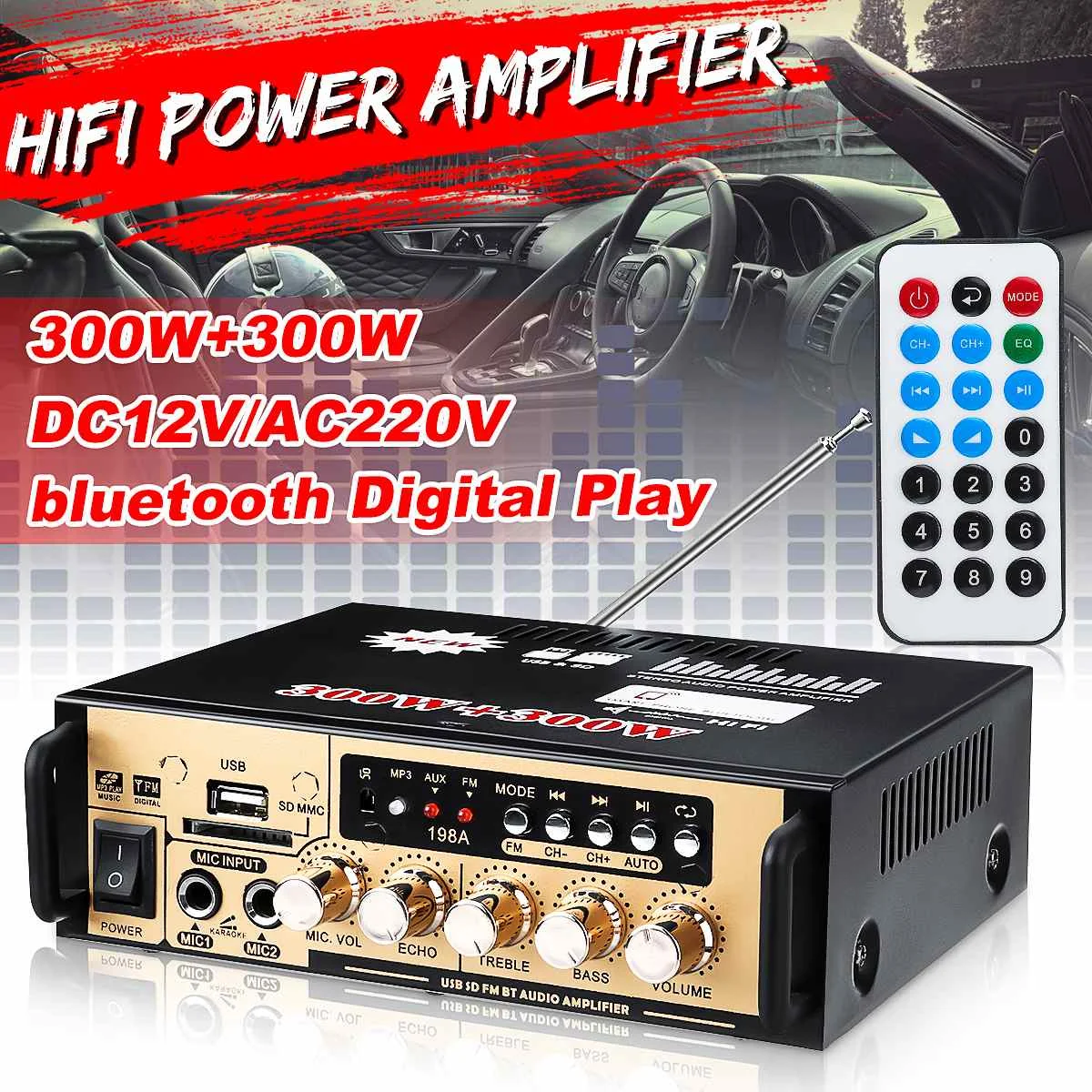 600W аудио Мощность разъем Усилитель-сабвуфер bluetooth усилитель автомобиля дома Театр звуковые усилители USB fm-радио с пультом дистанционного управления