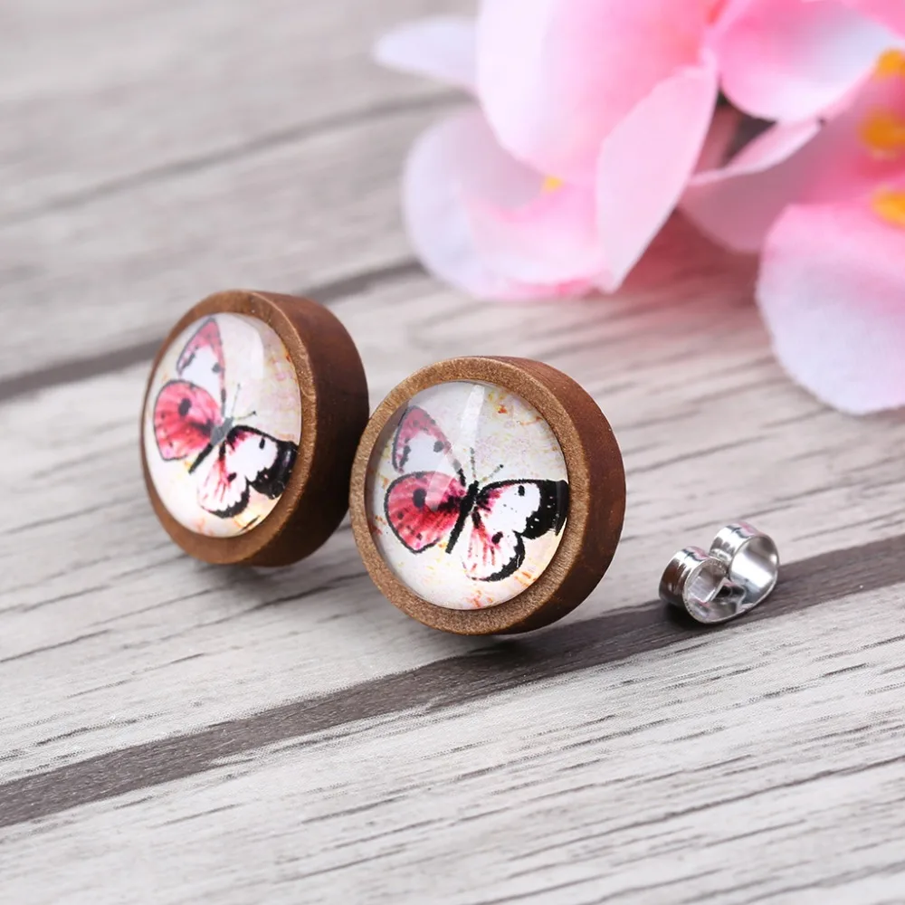 reidgaller 2018 fashion new women vintage butterfly bird glass cabochon wood stud earrings | Украшения и аксессуары