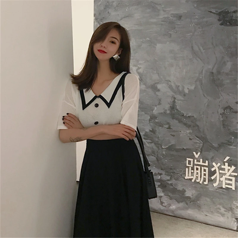 Lychee/трикотажная однобортная женская футболка с отложным воротником и коротким