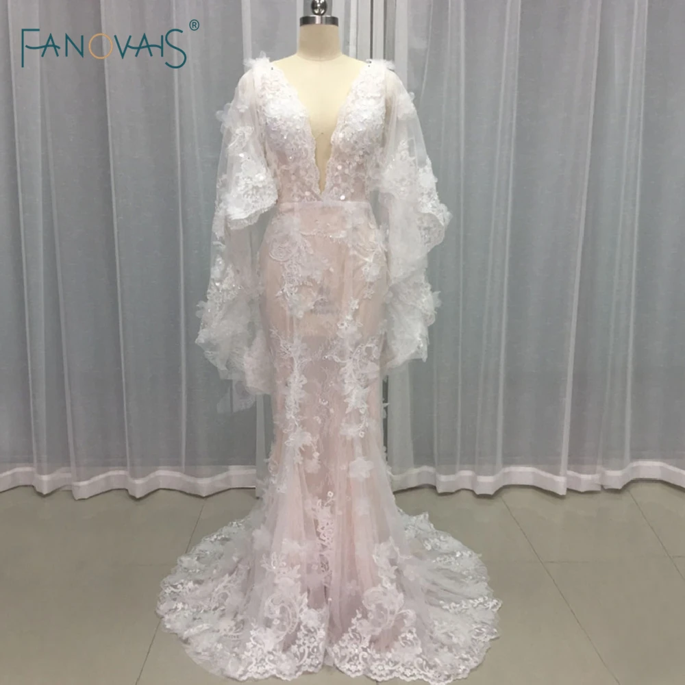 

Sexy Boho Wedding Dresses 2017 Flower Beads Lace Summer Beach Bridal Gown Mermaid Wedding Dress with Cape Robe de Mariage MA04