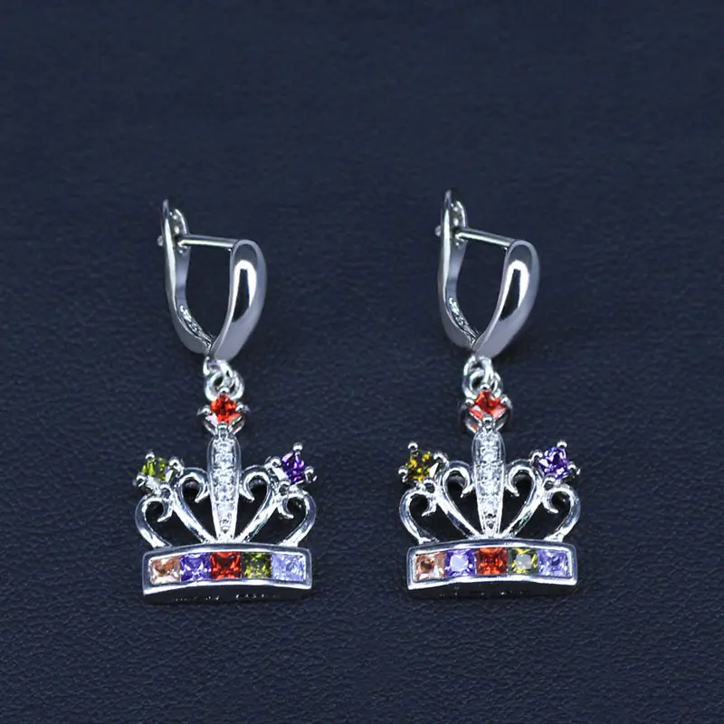 Trendy Crown Colorful Cubic Zirconia Silver Color Jewelry Sets For Women Jewellry Earrings Bracelet Necklace Ring | Украшения и