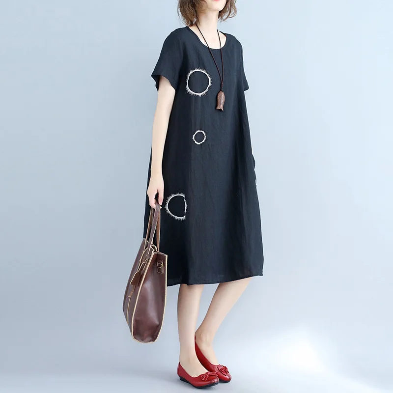 Хлопковое льняное винтажное платье с вышивкой в горошек размера плюс женское