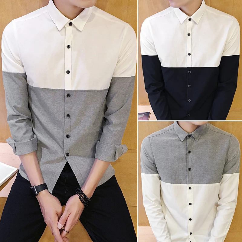 

Men Shirt Long Sleeve Patchwork Oxford Dress England Style Single Breasted Slim Shirts for man 2019 Hot sale good quality CS18