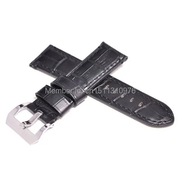 Матовый черный ремешок для часов с крокодиловой текстурой 24 мм черные стежки