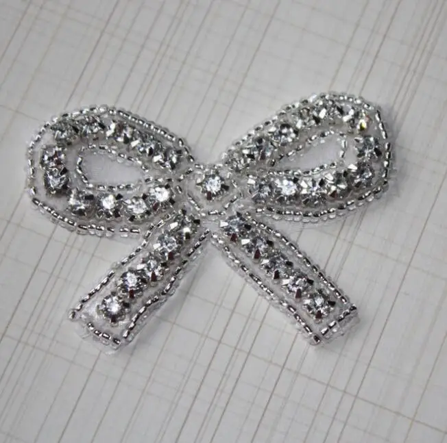 Hot Sale 1 Piece 6*4cm Glass Bling Bridal Iron on Rhinestone Applique Bow Patch for Sash Decoration | Дом и сад