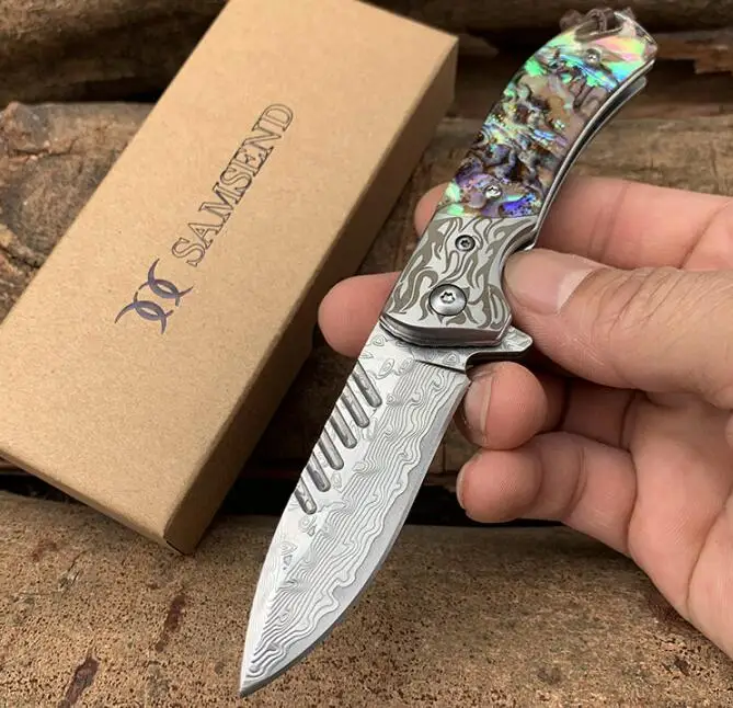 Damascus blade Зеленый сандаловый дамасский складной нож многофункциональные инструменты портативные охотничьи карманные ножи Дамасские/D2 Ножи EDC Открытый инструмент - Цвет: Damascus blade